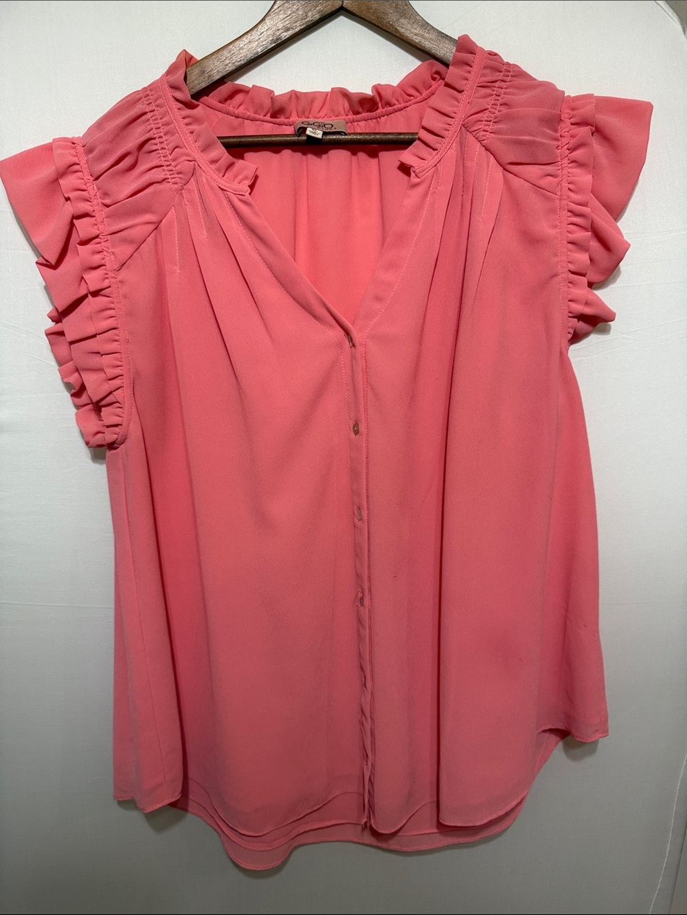Ruffled V-Neck Cap Sleeve Blouse in Coral Pink